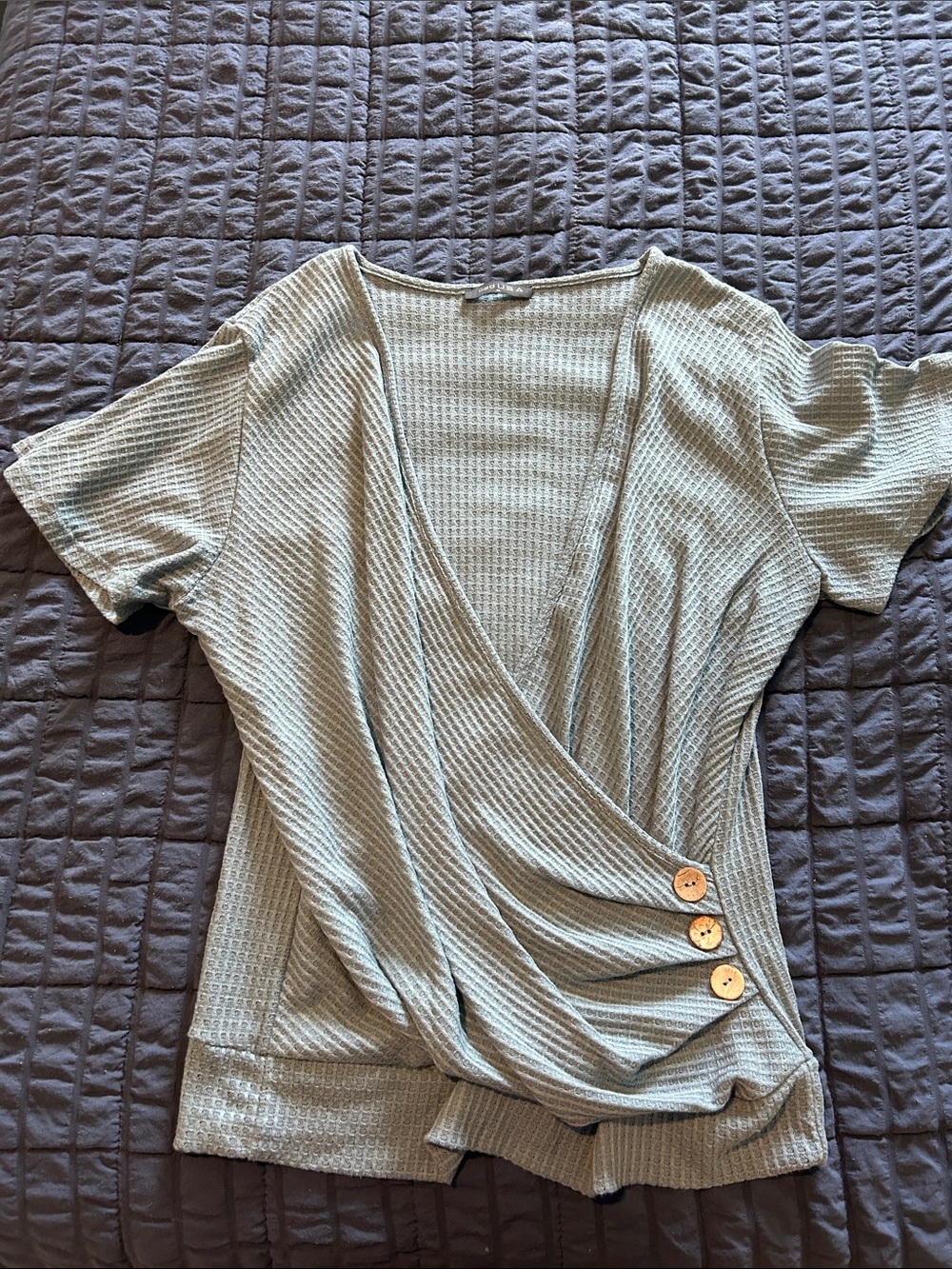 Waffle Knit Wrap-Front Short Sleeve Top in blue/grey